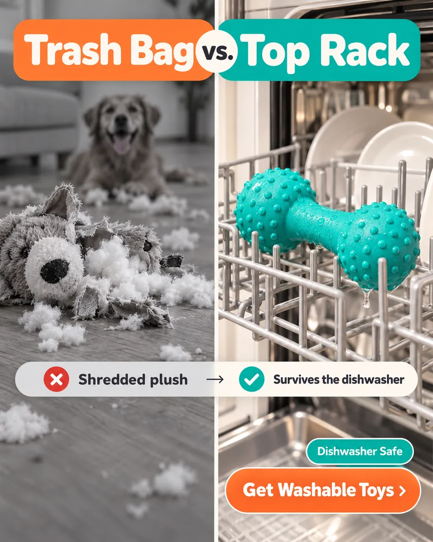 Happy Paws — Before/after comparison: shredded plush vs. dishwasher-safe toy