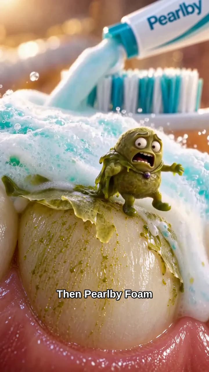 Pearlby — Tiny plaque villains swept off a tooth by a tide of foam